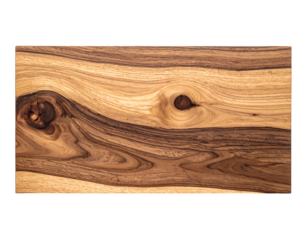 Wooden plank showing grain and knots, light and dark wood, on a black background