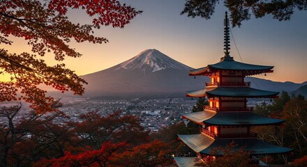 Golden hour illuminates an ancient pagoda and vibrant red autumn leaves framing majestic Mount Fuji at sunset. AI Generated