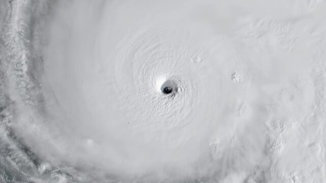 A dramatic aerial satellite view showcasing the distinct eye and swirling cloud bands of a powerful hurricane or typhoon.