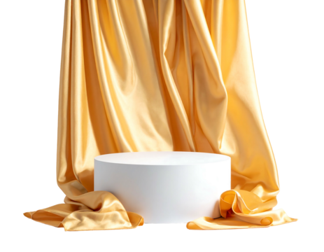 White podium stands before elegant gold drapery, softly lit against a transparent backdrop - Powered by Adobe