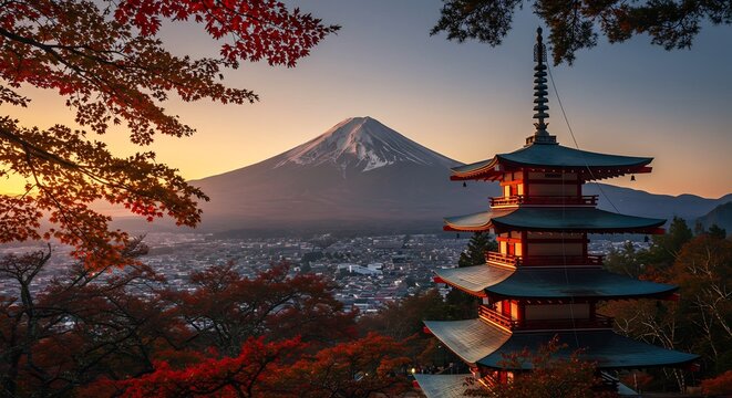 Golden hour illuminates an ancient pagoda and vibrant red autumn leaves framing majestic Mount Fuji at sunset. AI Generated - Powered by Adobe