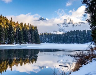 Frozen lake reflects snowy mountains, evergreen forest, and a cloudy sky