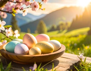 Easter eggs in a wooden bowl with a beautiful blooming tree background
