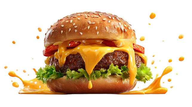 big fresh burger with cheese and bacon isolated on white background PNG image - Powered by Adobe