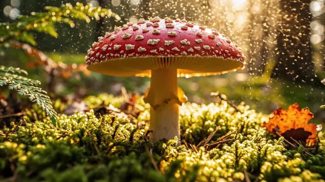 Fly Agaric Mushroom in Forest - A bright red fly agaric mushroom with white spots stands prominently on a vibrant green forest floor.