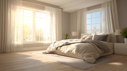 Fototapeta premium Bright morning sunlight streams into a contemporary bedroom featuring a low platform bed and sheer draperies