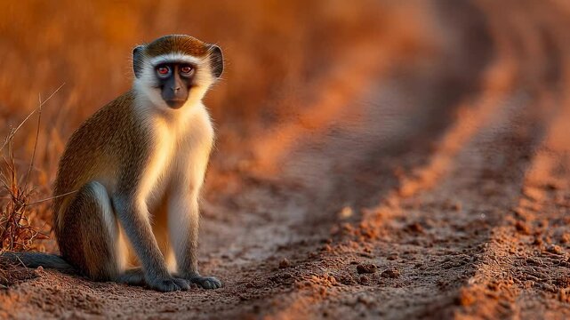 Curious Monkey Sitting on a Rural Dirt Path, Looking Upwards in Beautiful Warm Backlight at Sunset or Sunrise