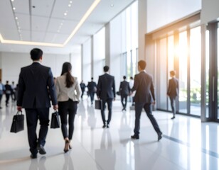 Blurred image of suited business people walking in a bright hallway