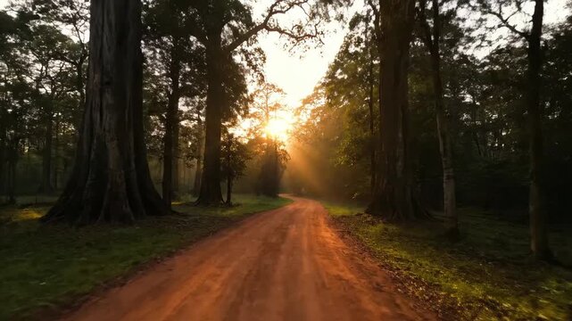Smooth steadycam shot tracking an empty, winding dirt road through a remote, ancient forest at sunrise escape, ancient forest, tracking