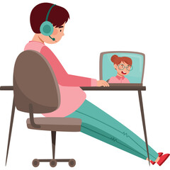 Person wearing headset participates in a video call on a laptop computer with another person visible on screen in a flat illustration style on a transparent background