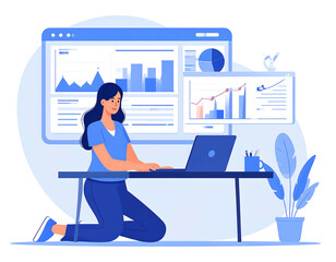 Woman analyzes charts on a laptop at her desk with plant. White background with a blue graphical interface screen