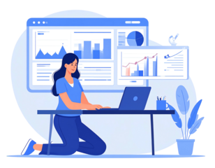 Woman analyzes charts on a laptop at her desk with plant. White background with a blue graphical interface screen