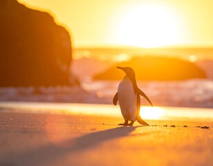 Penguin on sunlit beach with beautiful sunset horizon