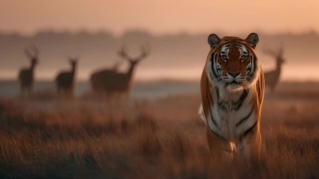 Imposing Tiger Staring Head-On, Walking Through Tall Golden Grasslands at Sunrise or Sunset, Warm Light