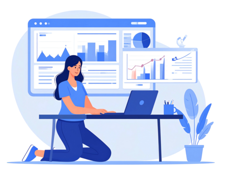 Woman analyzes charts on a laptop at her desk with plant. White background with a blue graphical interface screen