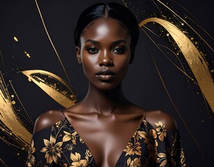 Elegant portrait of a woman with dark skin and flowing gold accents