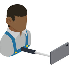 Person with Dark Skin Wearing Blue Overalls and White Shirt Holding a Selfie Stick with a Camera Attached Isolated on a White Background