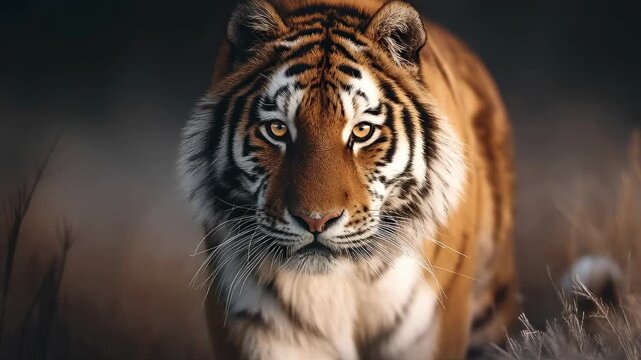 Imposing Tiger Staring Head-On, Walking Through Tall Golden Grasslands at Sunrise or Sunset, Warm Light