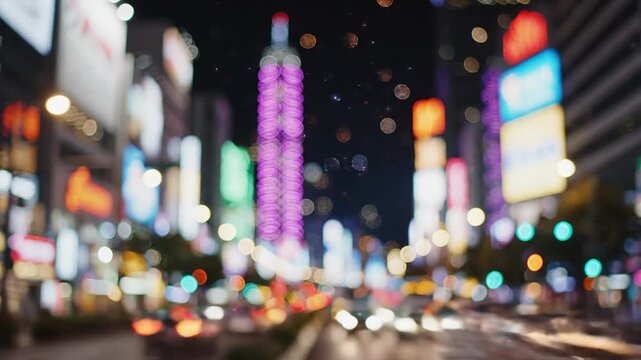 Blurred Cityscape at Night with Neon Lights - A close-up shot of a blurry cityscape at night, showcasing vibrant neon lights and bustling streets.