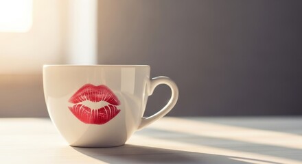 The bright morning light illuminates a white mug with vivid red lipstick stain, resting on pale surface against subtly contrasting gray backdrop.Valentine's Day mood,copy space.