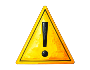 Yellow triangular hazard sign with black exclamation point, painted in watercolor, set against a black background