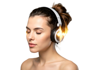 Woman with white headphones and visual audio effect on a black background with her eyes closed in meditation