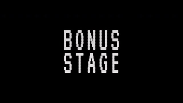 A pixelated retro video game screen displays the words BONUS STAGE with a classic flicker effect. 4K video text animation for vintage arcade game.