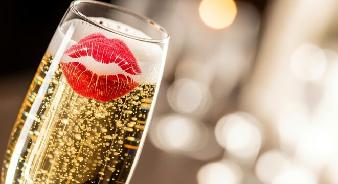 A lipstick mark sits on full glass of champagne with visible bubbles, hinting at recent toast, celebration, or fond farewell kiss special gathering.Valentine's Day mood,copy space.