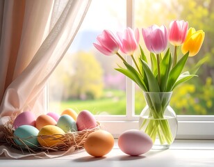 Easter scene with tulips in vase and pastel-colored eggs