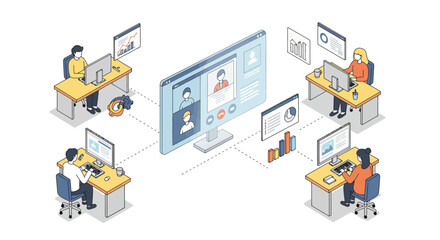 Obraz premium Isometric Illustration of Remote Team Video Conference Meeting.