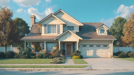 Suburban two story dwelling presents a well maintained facade under bright daytime lighting