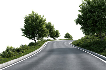 Winding asphalt road curves through green trees and grass on black background image, Png, Isolated on Transparent Background, Cut Out