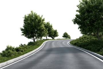 Winding asphalt road curves through green trees and grass on black background image, Png, Isolated on Transparent Background, Cut Out