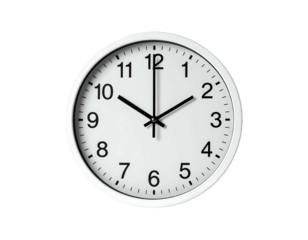 White, round wall clock with bold black numbers, indicating 1000, against a black backdrop