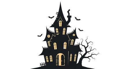 Silhouette of a spooky haunted house with bats isolated on white background