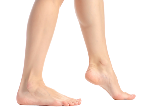 Woman's bare legs and feet walking, isolated on a transparent background, showcasing skin tone and foot arches