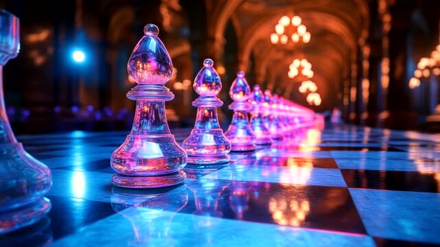 Colorful chess pieces illuminated in a grand hall