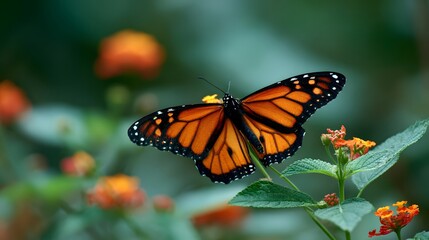 Obraz premium Vibrant orange and black lepidopteran rests upon green foliage with soft focus background