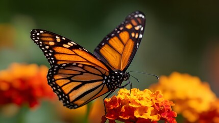 Fototapeta premium Vibrant orange and black winged insect rests upon clustered blossoms in a garden setting