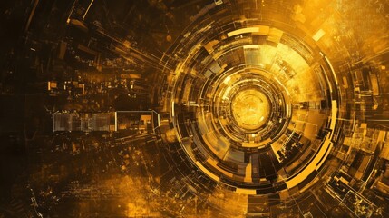 Obraz premium Golden technological tunnel, futuristic city view