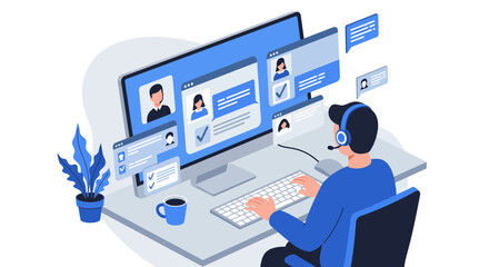 Customer Service Representative Working on Computer with Headset.