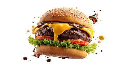 big fresh burger with cheese and bacon isolated on white background PNG image