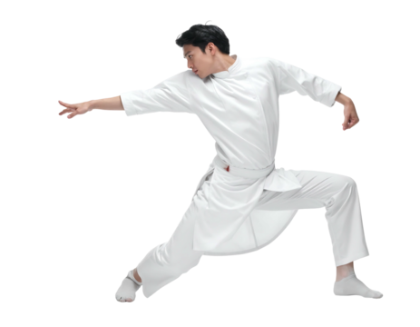 Young Asian man in white attire striking a martial arts pose, angled away from the camera on a solid black background