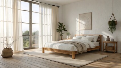 Minimalist Scandinavian Bedroom Interior with Warm Morning Sunlight and Natural Textures