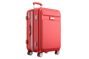 Red Hard Shell Suitcase with Retractable Handle on Transparent Background Travel Ready Luggage for Vacations and Business Trips High Angle View Ready to go, PNG