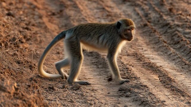 Curious Monkey Sitting on a Rural Dirt Path, Looking Upwards in Beautiful Warm Backlight at Sunset or Sunrise