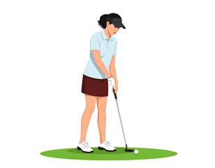Woman golfing with a putter on green grass. A white golf ball rests near the putter. Vector illustration on black bg