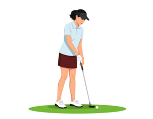 Woman golfing with a putter on green grass. A white golf ball rests near the putter. Vector illustration on black bg