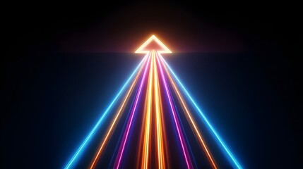 Multiple vibrant neon light streams converge toward a central glowing upward pointing triangle shape
