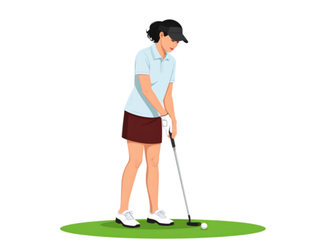 Woman golfing with a putter on green grass. A white golf ball rests near the putter. Vector illustration on black bg